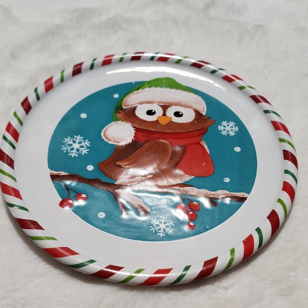 HOLIDAY TIME  CHRISTMAS OWL PLATE.  100 % CERAMIC.